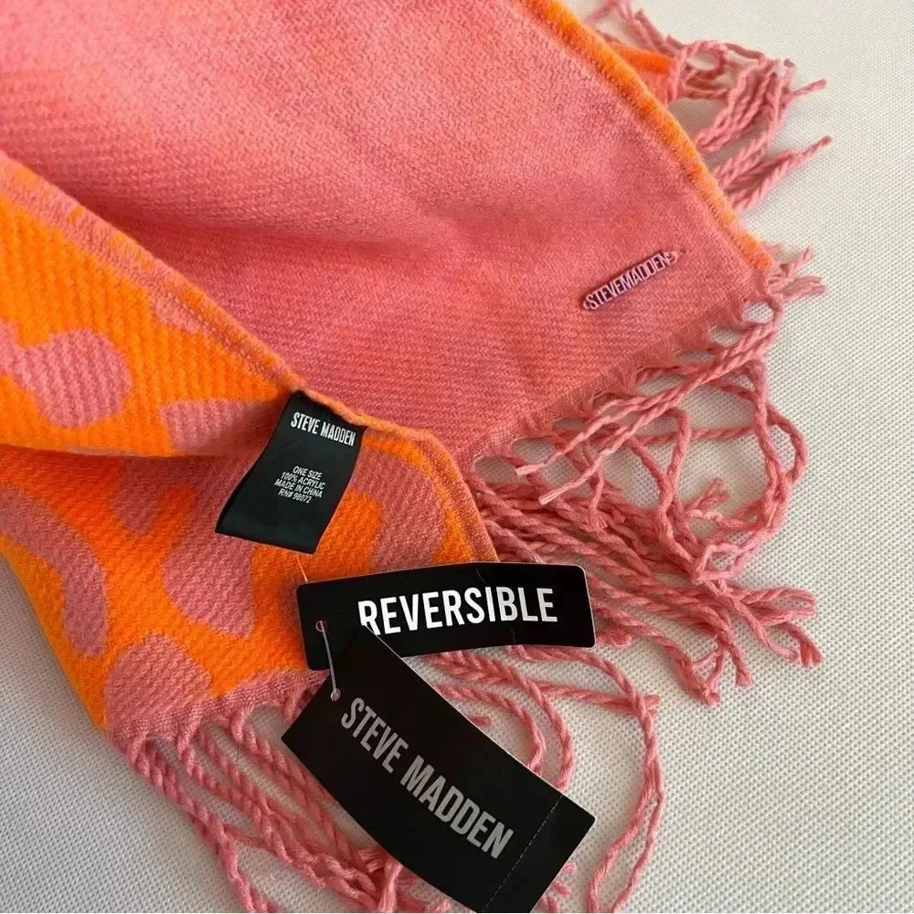 Steve Madden Reversible Leopard Print Scarf Orange Pink With Fringe